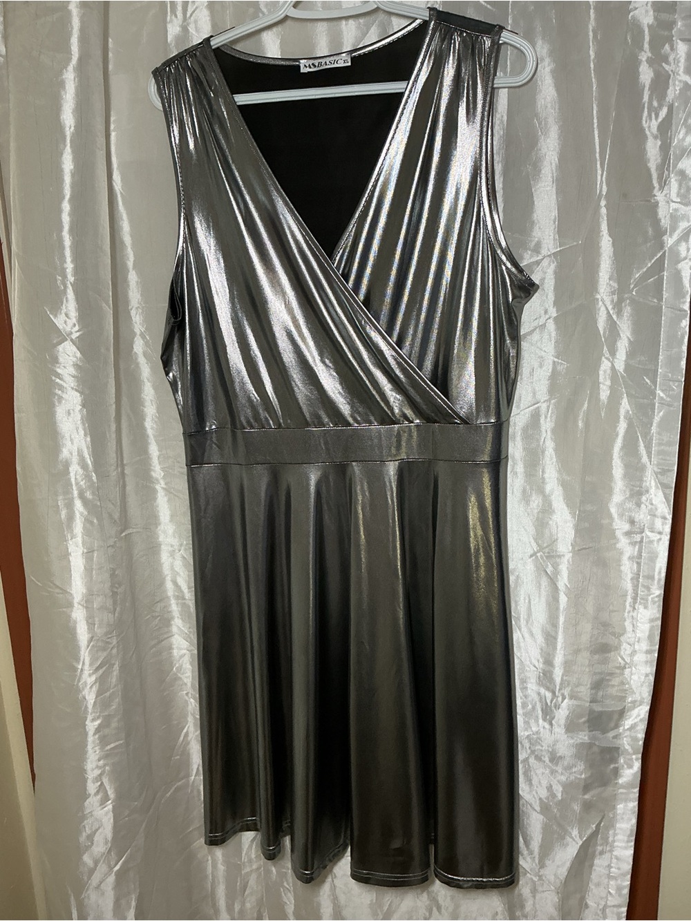 Metallic Silver Faux-Wrap Sleeveless Midi Dress